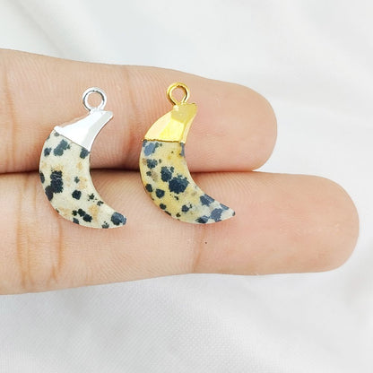 Dalmatian Jasper Half Moon Charm Gold/Silver Electroplated Gemstone Pendant for Handmade Jewelry