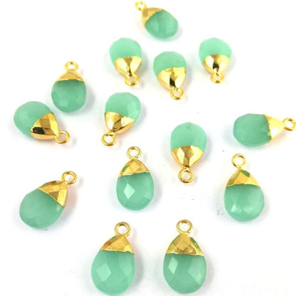 Handcrafted 13x9mm Aqua Chalcedony Teardrop Pendant Gold Electroplated Pear Cut Natural Gemstone Charm for DIY Jewelry – Selling Per Piece
