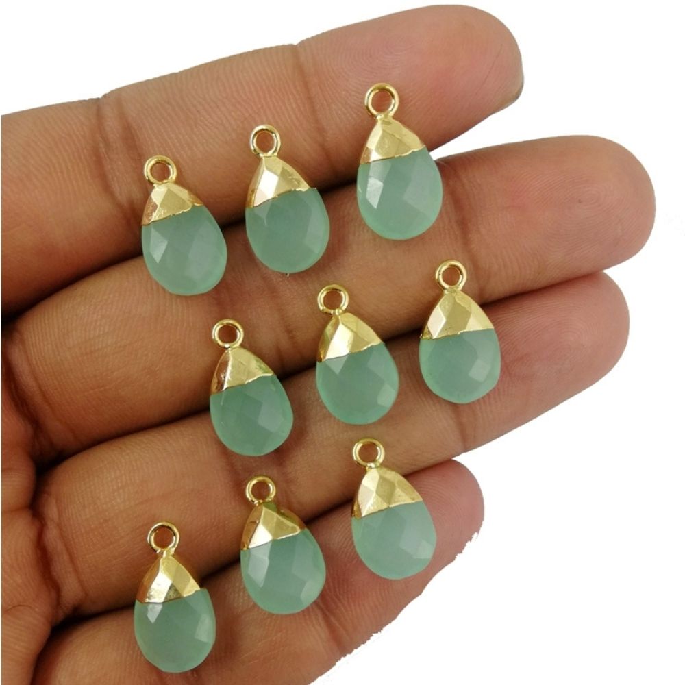 Handcrafted 13x9mm Aqua Chalcedony Teardrop Pendant Gold Electroplated Pear Cut Natural Gemstone Charm for DIY Jewelry – Selling Per Piece