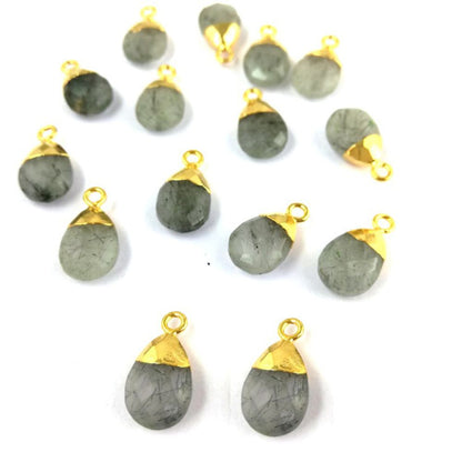 Gold Electroplated 13x9mm Handmade Black Rutile Gemstone Teardrop Charm Pear Cut Pendant for DIY Jewelry Making – Selling Per Piece