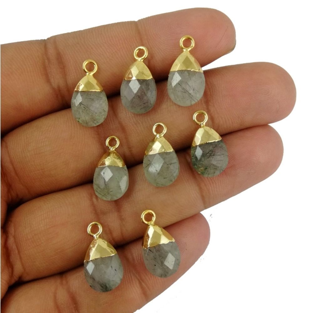 Gold Electroplated 13x9mm Handmade Black Rutile Gemstone Teardrop Charm Pear Cut Pendant for DIY Jewelry Making – Selling Per Piece