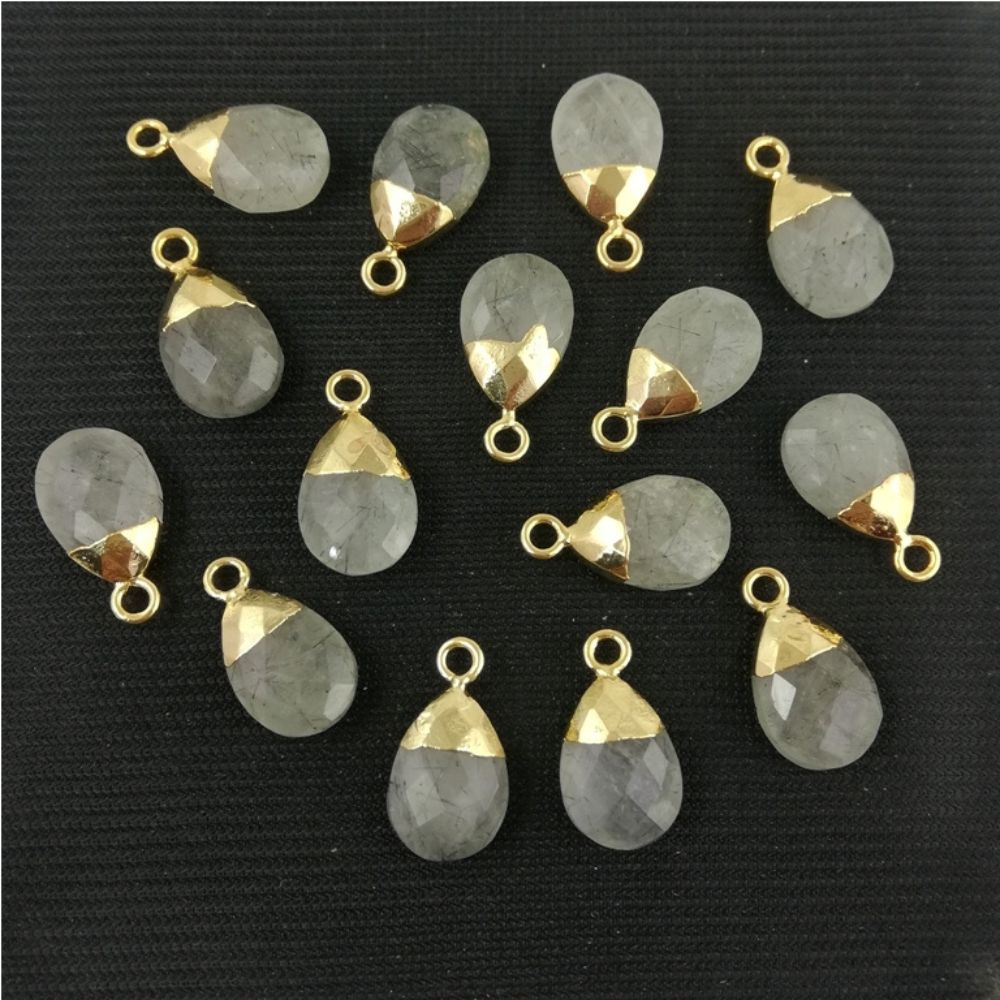 Gold Electroplated 13x9mm Handmade Black Rutile Gemstone Teardrop Charm Pear Cut Pendant for DIY Jewelry Making – Selling Per Piece