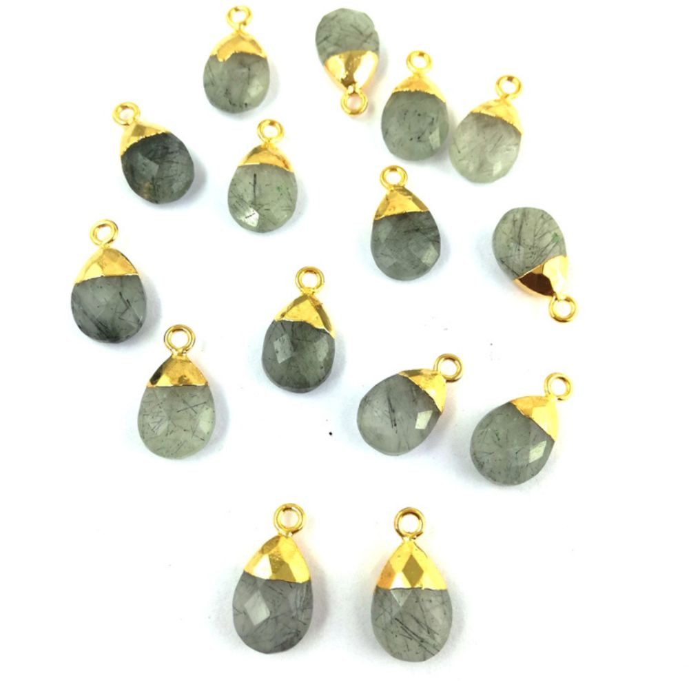 Gold Electroplated 13x9mm Handmade Black Rutile Gemstone Teardrop Charm Pear Cut Pendant for DIY Jewelry Making – Selling Per Piece