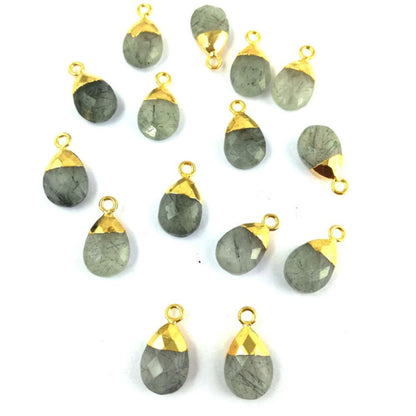 Gold Electroplated 13x9mm Handmade Black Rutile Gemstone Teardrop Charm Pear Cut Pendant for DIY Jewelry Making – Selling Per Piece
