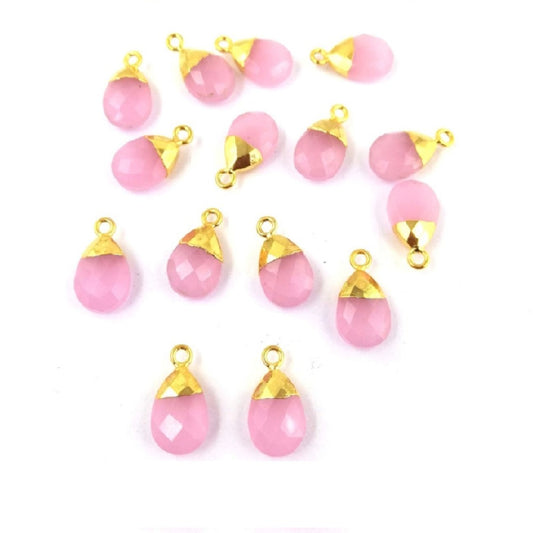 Handmade 13x9mm Pink Chalcedony Teardrop Pendant Gold Electroplated Gemstone Charm