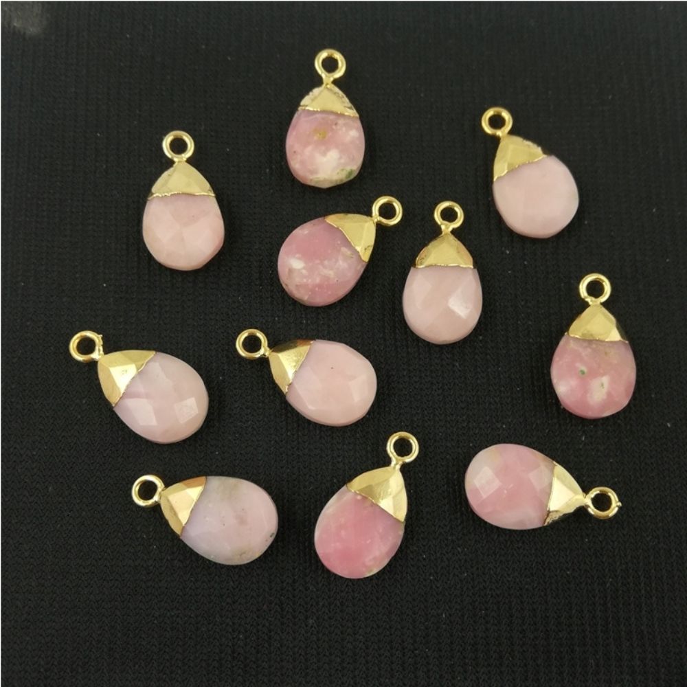 Handcrafted Pink Chalcedony Teardrop Pendant 13x9mm Gold Electroplated Bail for DIY Jewelry
