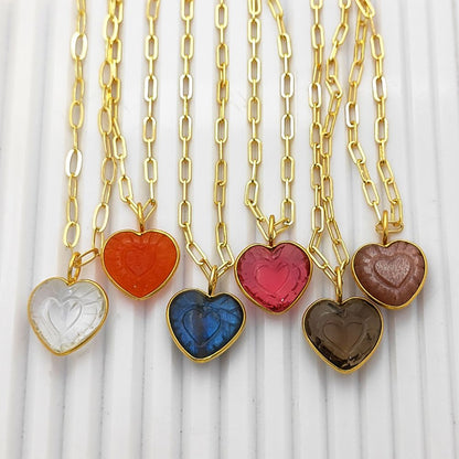 Delicate Pink Tourmaline Heart Necklace Gold Plated Paperclip Chain with Hand-Carved Gemstone Meaningful Jewelry Gift- Selling Per Piece