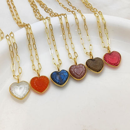 Delicate Pink Tourmaline Heart Necklace Gold Plated Paperclip Chain with Hand-Carved Gemstone Meaningful Jewelry Gift- Selling Per Piece
