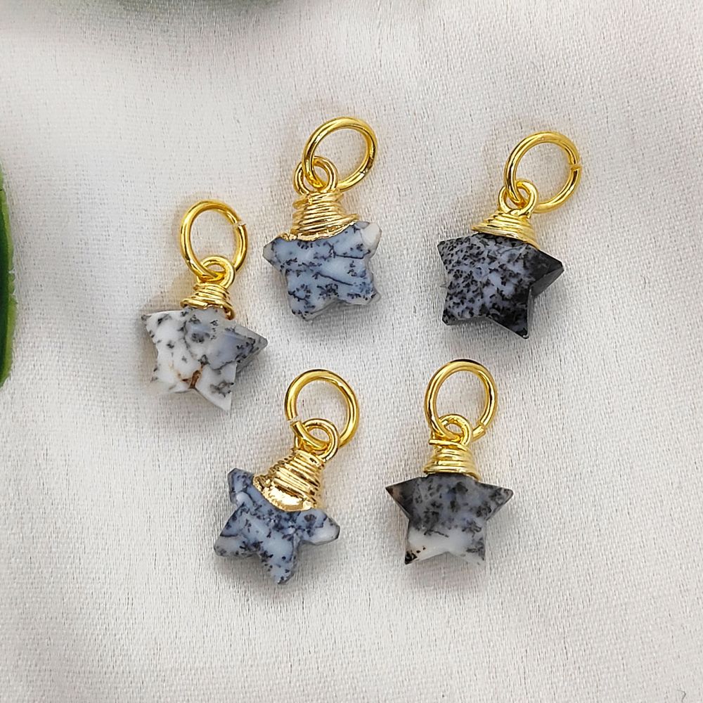 Dendrite Opal Faceted Star Charm Pendant Gold Wrapped Natural Crystal for Jewelry Making Supply