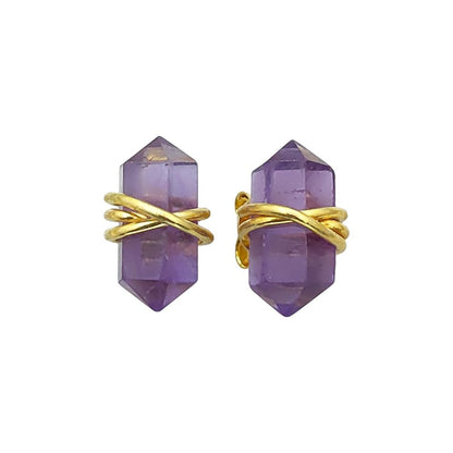 Double Point Amethyst Stud Earrings, 12x5mm Handmade Crystal Jewelry in Gold Vermeil- Selling Per Pair