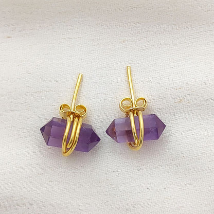 Double Point Amethyst Stud Earrings, 12x5mm Handmade Crystal Jewelry in Gold Vermeil- Selling Per Pair