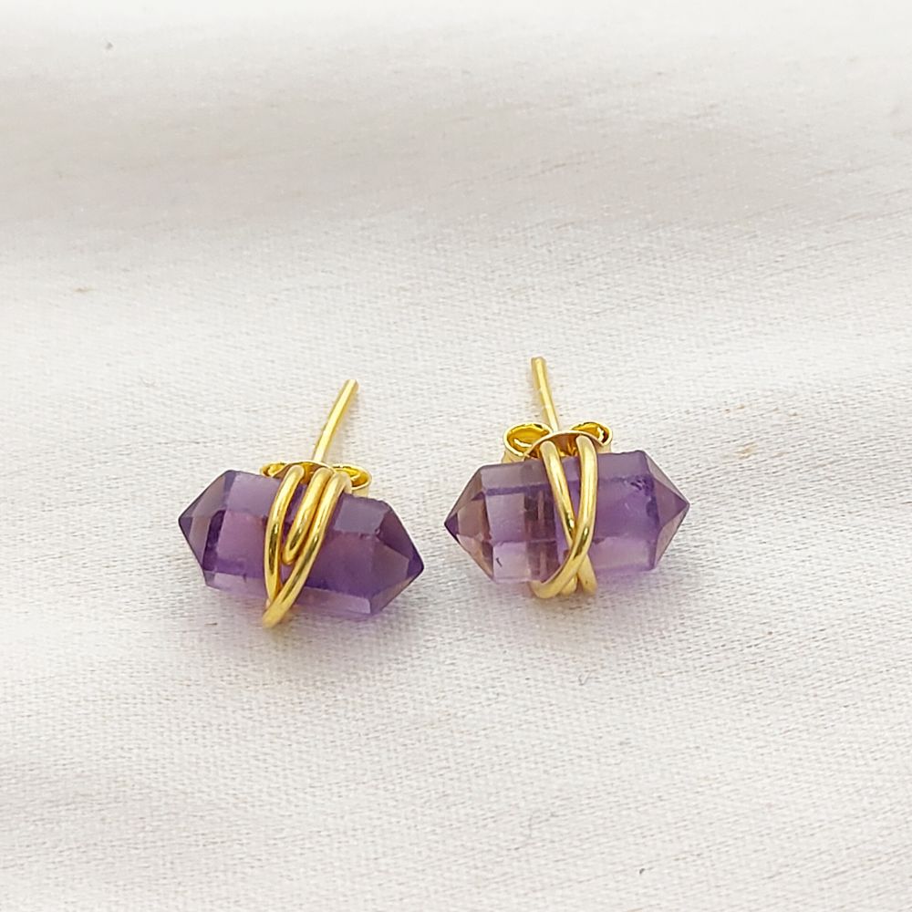 Double Point Amethyst Stud Earrings, 12x5mm Handmade Crystal Jewelry in Gold Vermeil- Selling Per Pair