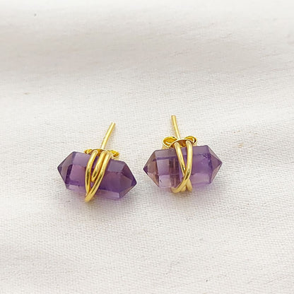 Double Point Amethyst Stud Earrings, 12x5mm Handmade Crystal Jewelry in Gold Vermeil- Selling Per Pair