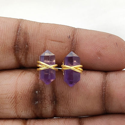 Double Point Amethyst Stud Earrings, 12x5mm Handmade Crystal Jewelry in Gold Vermeil- Selling Per Pair