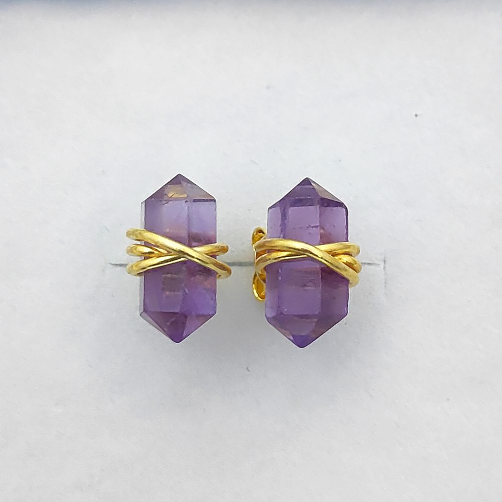 Double Point Amethyst Stud Earrings, 12x5mm Handmade Crystal Jewelry in Gold Vermeil- Selling Per Pair