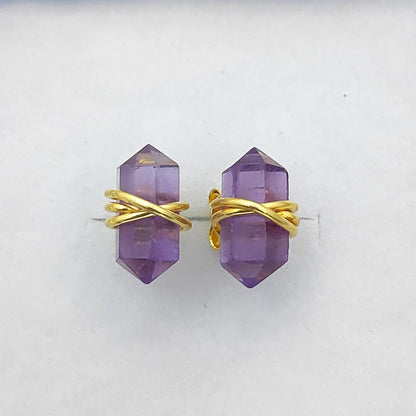 Double Point Amethyst Stud Earrings, 12x5mm Handmade Crystal Jewelry in Gold Vermeil- Selling Per Pair