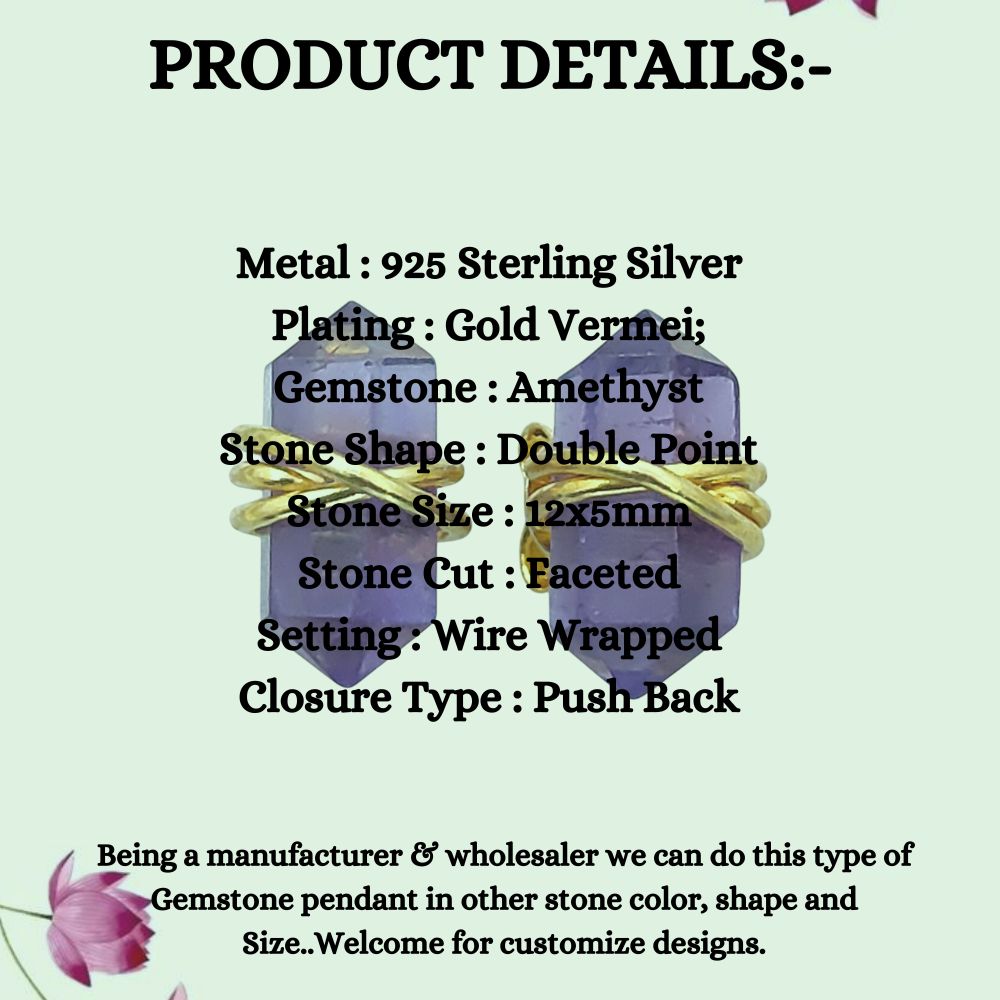 Double Point Amethyst Stud Earrings, 12x5mm Handmade Crystal Jewelry in Gold Vermeil- Selling Per Pair