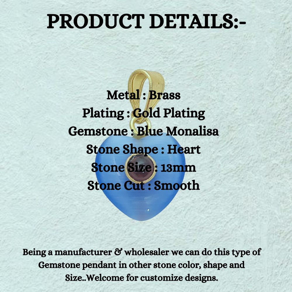 Double Stone Blue Monalisa Heart Pendant Charm, Smooth Polished Gemstone with Durable Gold Plated Bail for DIY Jewelry Making– Selling Per Piece