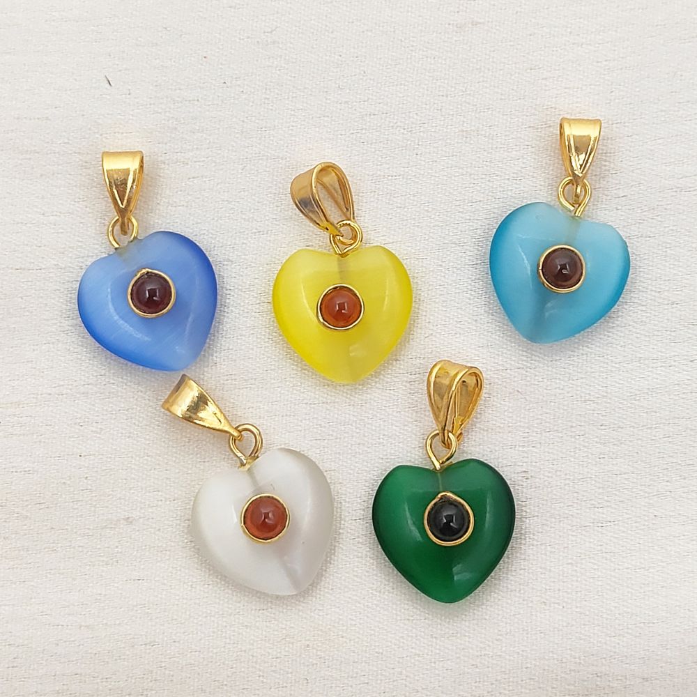 Double Stone Heart Pendant for Necklace Monalisa Smooth Polished Heart Charm Gold Plated DIY Jewelry Supply- Selling Per Piece