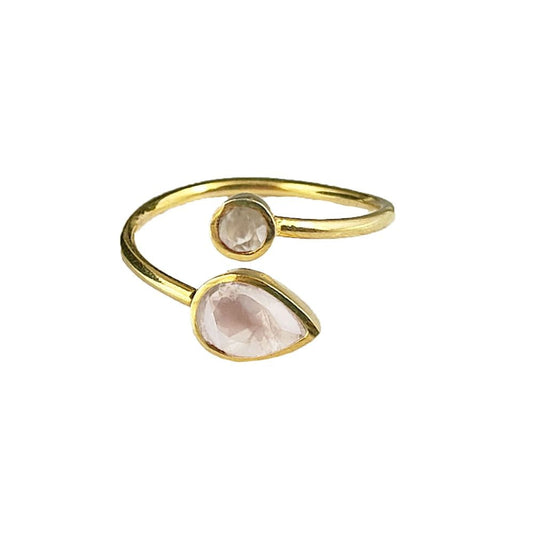 Double gemstone rose quartz adjustable ring in gold plated sterling silver, handmade open band design