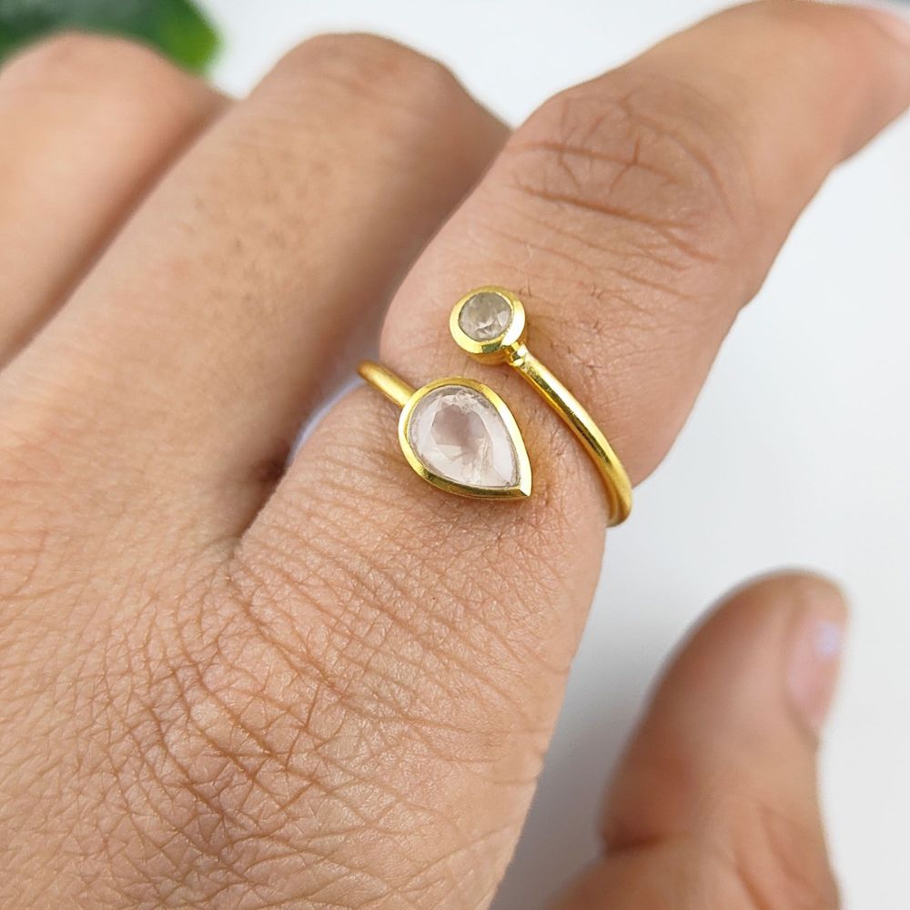 Elegant double rose quartz gemstone ring in gold plated sterling silver, handmade adjustable design