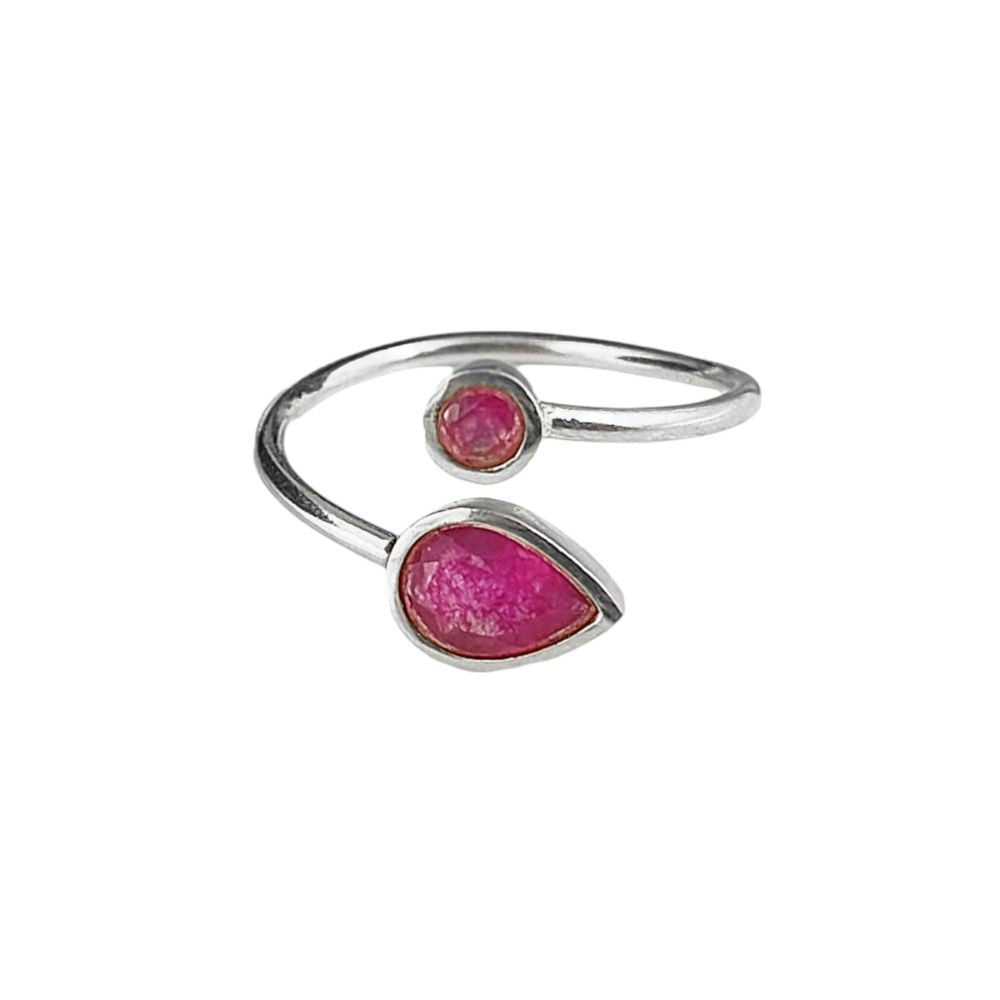 Handmade 925 sterling silver adjustable open band ring with two ruby gemstones, jewelry for women