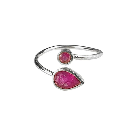 Handmade 925 sterling silver adjustable open band ring with two ruby gemstones, jewelry for women