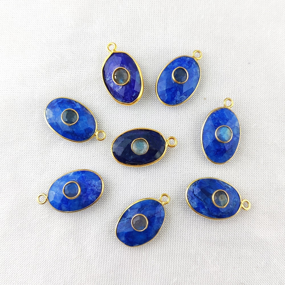 Dyed Blue Sapphire & 4mm Round Labradorite Double Gemstone Charms Pendant Gold Vermeil Handmade Jewelry- Selling Per Piece