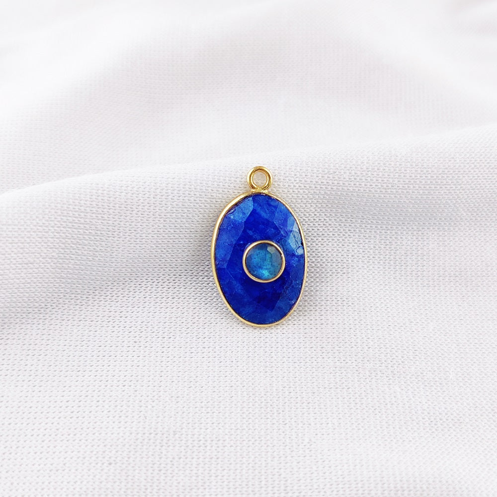 Dyed Blue Sapphire & 4mm Round Labradorite Double Gemstone Charms Pendant Gold Vermeil Handmade Jewelry- Selling Per Piece