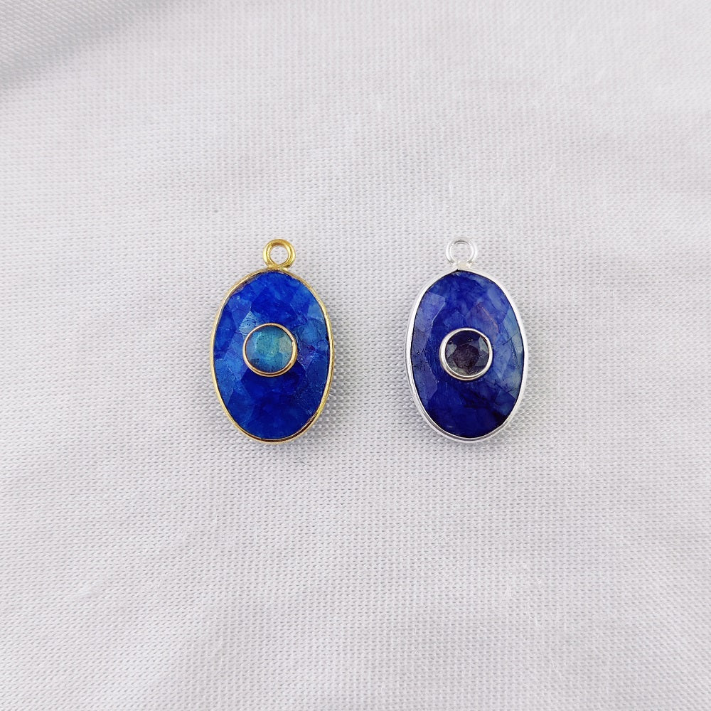 Dyed Blue Sapphire & 4mm Round Labradorite Double Gemstone Charms Pendant Gold Vermeil Handmade Jewelry- Selling Per Piece