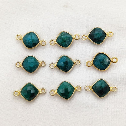 Dyed Emerald Cushion Gemstone Connector 8mm Gold Plated Bezel Faceted Stone Link for Handmade Jewelry- Selling Per Piece