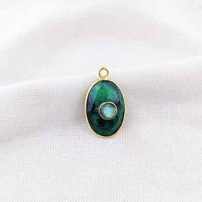 Stunning Oval Dyed Emerald Bezel Gemstone Charm Labradorite Double Stone Pendant Gold Vermeil Jewelry- Selling Per Piece