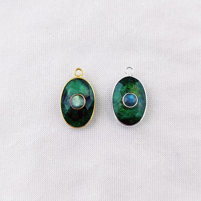 Stunning Oval Dyed Emerald Bezel Gemstone Charm Labradorite Double Stone Pendant Gold Vermeil Jewelry- Selling Per Piece