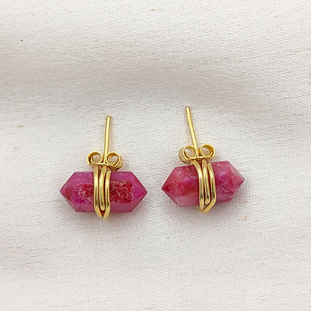 Dyed Ruby Gemstone Stud Earrings Handmade Minimalist Gold Vermeil Healing Crystal Jewelry- Selling Per Pair