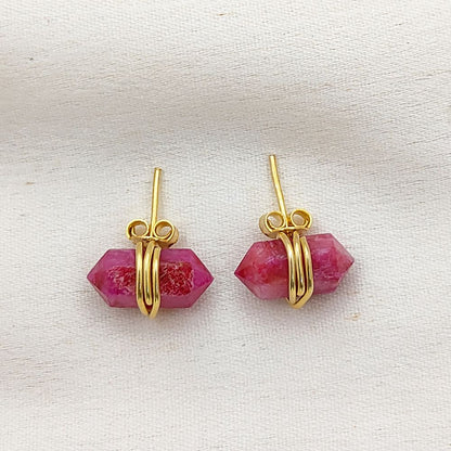 Dyed Ruby Gemstone Stud Earrings Handmade Minimalist Gold Vermeil Healing Crystal Jewelry- Selling Per Pair
