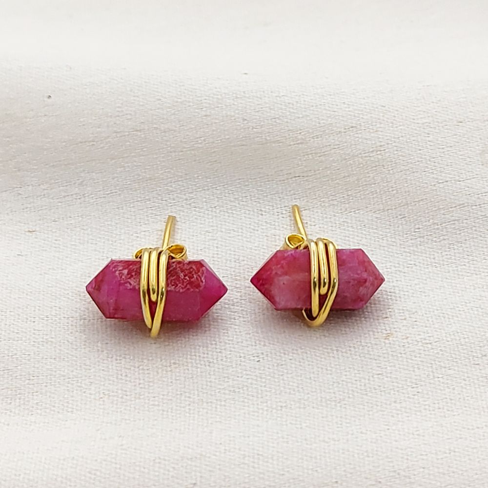 Dyed Ruby Gemstone Stud Earrings Handmade Minimalist Gold Vermeil Healing Crystal Jewelry- Selling Per Pair
