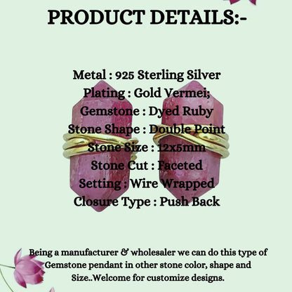 Dyed Ruby Gemstone Stud Earrings Handmade Minimalist Gold Vermeil Healing Crystal Jewelry- Selling Per Pair