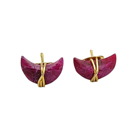Dyed Ruby Half Moon Stud Earrings, Handmade Gold Plated Crescent Gemstone Jewelry- Selling Per Pair