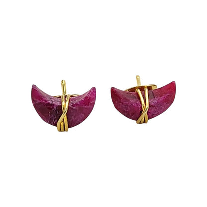 Dyed Ruby Half Moon Stud Earrings, Handmade Gold Plated Crescent Gemstone Jewelry- Selling Per Pair