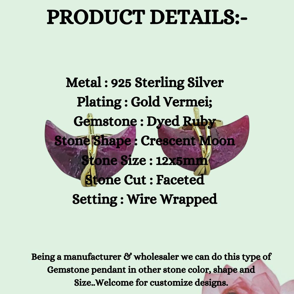 Dyed Ruby Half Moon Stud Earrings, Handmade Gold Plated Crescent Gemstone Jewelry- Selling Per Pair