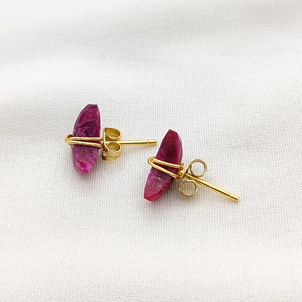 Dyed Ruby Half Moon Stud Earrings, Handmade Gold Plated Crescent Gemstone Jewelry- Selling Per Pair