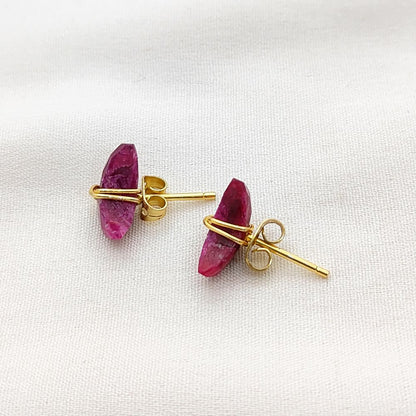 Dyed Ruby Half Moon Stud Earrings, Handmade Gold Plated Crescent Gemstone Jewelry- Selling Per Pair