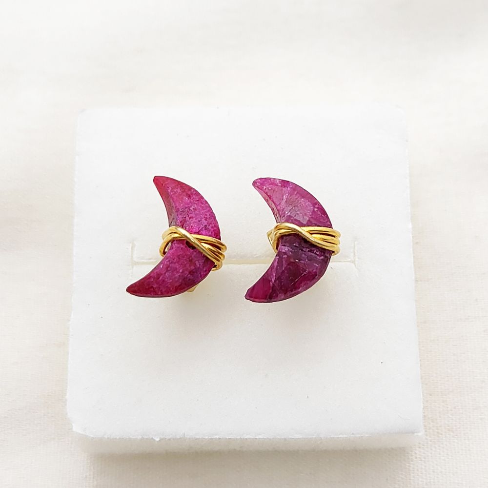 Dyed Ruby Half Moon Stud Earrings, Handmade Gold Plated Crescent Gemstone Jewelry- Selling Per Pair