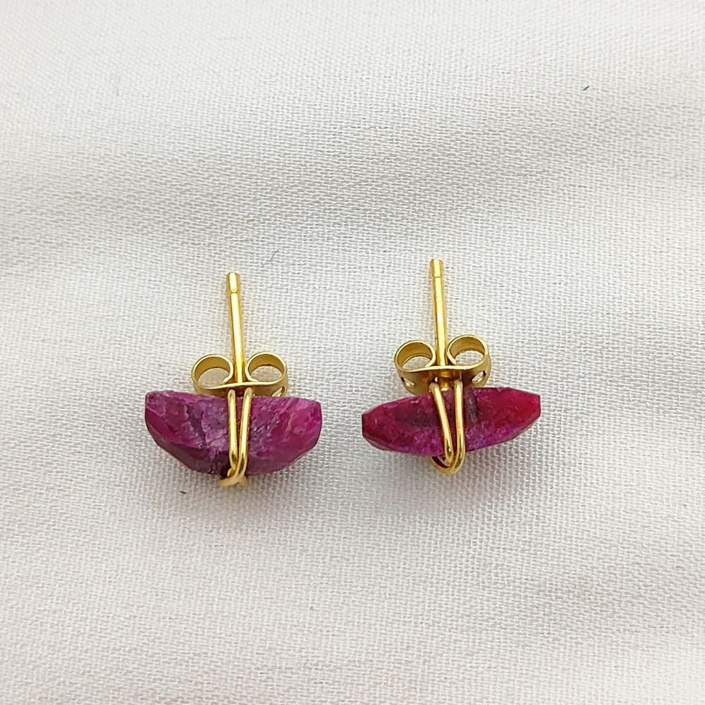 Dyed Ruby Half Moon Stud Earrings, Handmade Gold Plated Crescent Gemstone Jewelry- Selling Per Pair