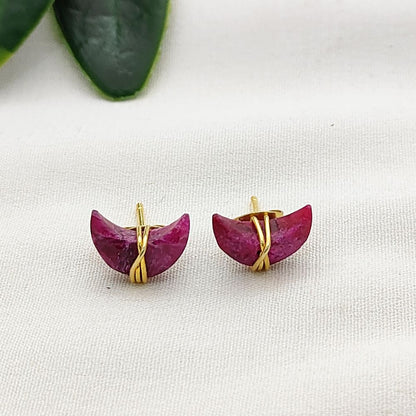Dyed Ruby Half Moon Stud Earrings, Handmade Gold Plated Crescent Gemstone Jewelry- Selling Per Pair