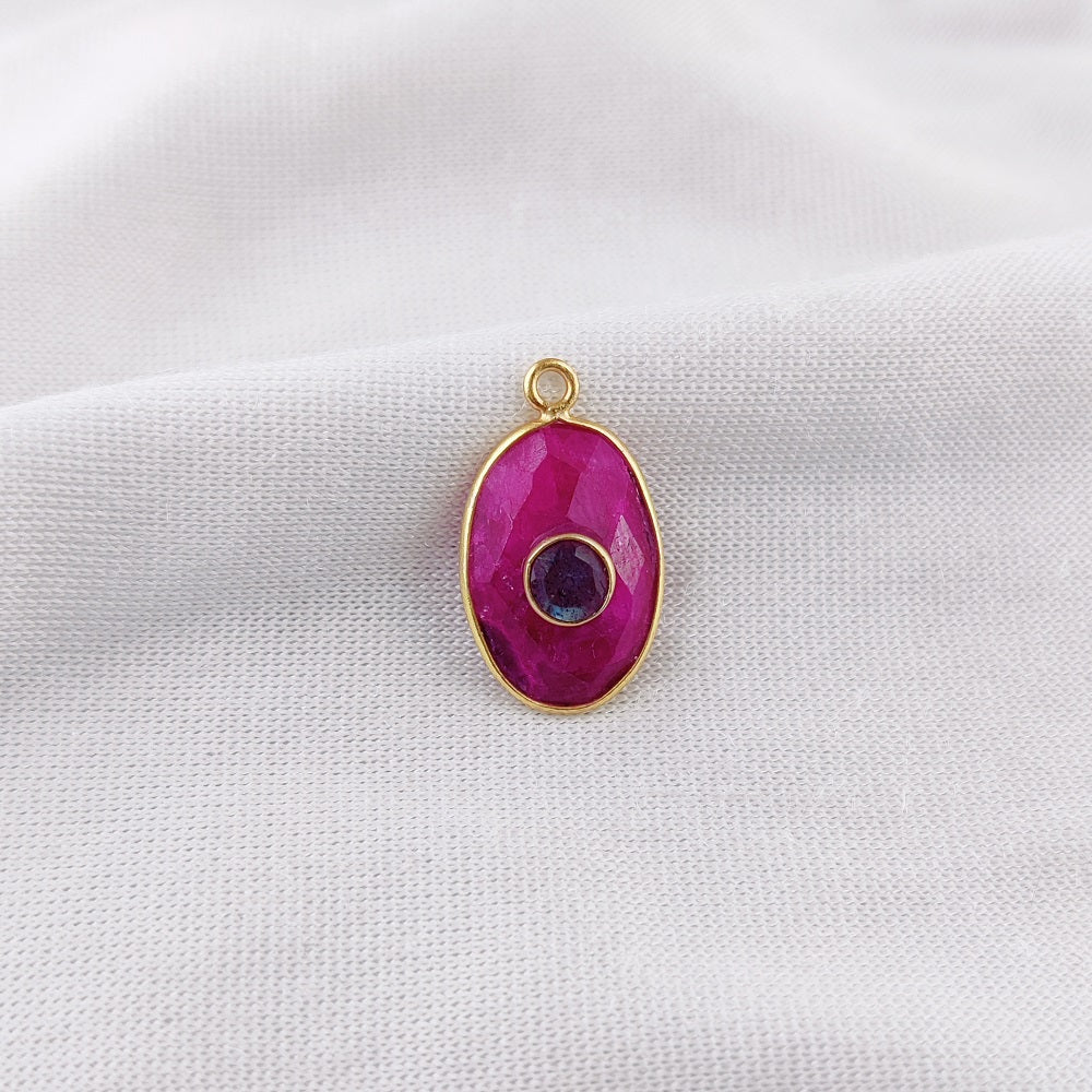 Gorgeous Dyed Ruby & Labradorite Oval Shape Charm Double Stone Bezel Set Birthstone Pendant in Gold-Plated Sterling Silver- Selling/Pcs