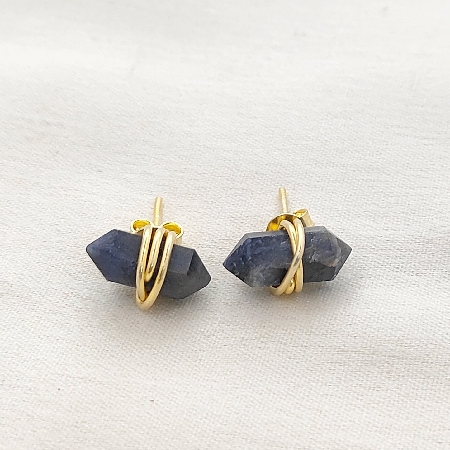 Dyed Sapphire Gold Vermeil Stud Earrings, Handmade 12x5mm Healing Gemstone Jewelry – Selling Per Pair