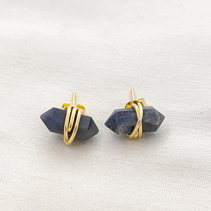 Dyed Sapphire Gold Vermeil Stud Earrings, Handmade 12x5mm Healing Gemstone Jewelry – Selling Per Pair