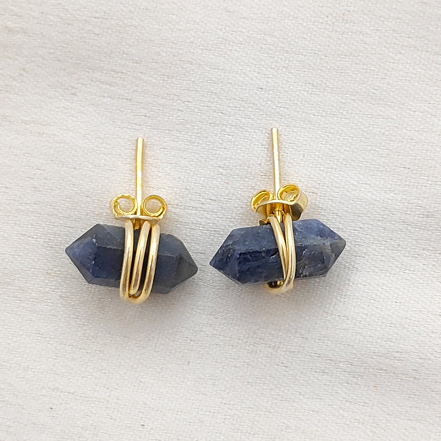 Dyed Sapphire Gold Vermeil Stud Earrings, Handmade 12x5mm Healing Gemstone Jewelry – Selling Per Pair