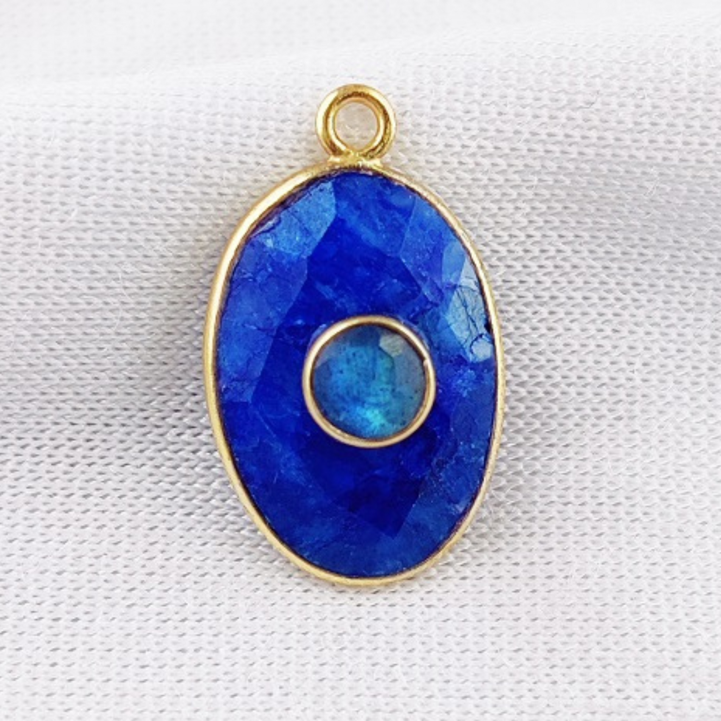 Dyed Blue Sapphire & 4mm Round Labradorite Double Gemstone Charms Pendant Gold Vermeil Handmade Jewelry- Selling Per Piece